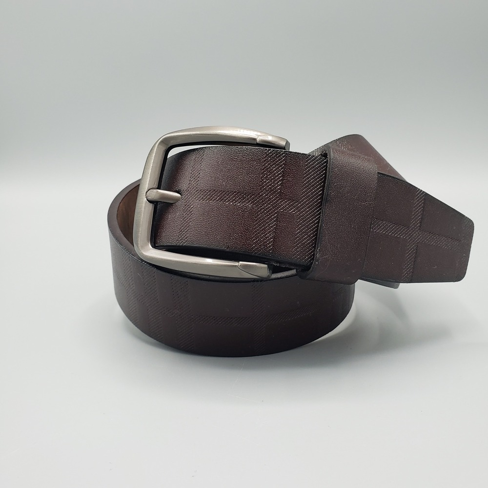Unbranded Mens L Size 47"Leather Belt Brown Plaid Embossed Dress Casual LK1501